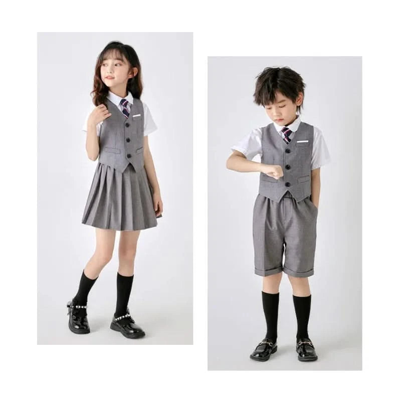 6PCS Summer Kids Weddding Suit Outfit Set Formal Elegant Suit for Kid Boy Kids Shirt Vest Shorts Socks Tie Sticker Clothing Suit - M & M Global