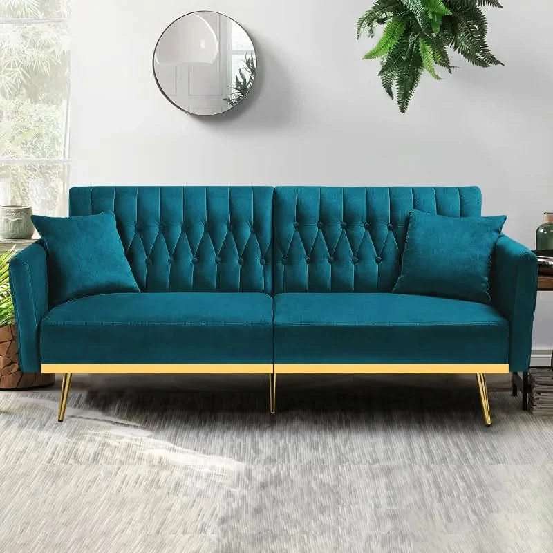 70” Velvet Futon Sofa Bed w/Adjustable Armrests and Backrest, Convertible Futon Couch w/2 Pillows, Modern Sleeper Bed for Living