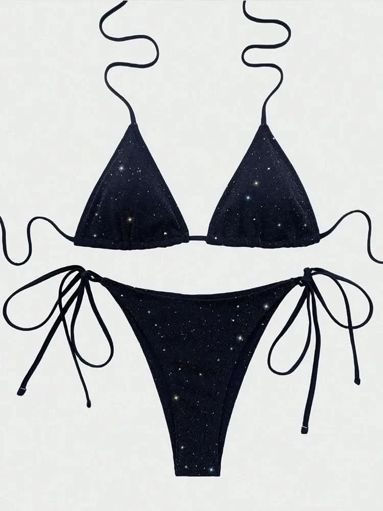 Sexy Laced Up Sequins Bikini 2 Piece Set Women Solid Split Swimsuit High Waist Beach Bikini 2025 New Summer Swimwear Bikinis Set - M & M Global