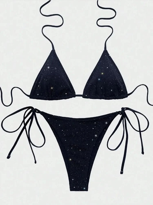 Sexy Laced Up Sequins Bikini 2 Piece Set Women Solid Split Swimsuit High Waist Beach Bikini 2025 New Summer Swimwear Bikinis Set - M & M Global