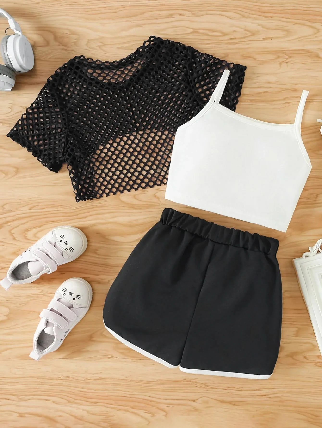 Girls Three-Piece Clothing New Breathable Summer Thin Fashion Short-Sleeved Mesh Top + Letter Printed Short Vest Suspender + Letter Printed Sports Shorts - M & M Global
