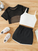 Girls Three-Piece Clothing New Breathable Summer Thin Fashion Short-Sleeved Mesh Top + Letter Printed Short Vest Suspender + Letter Printed Sports Shorts - M & M Global