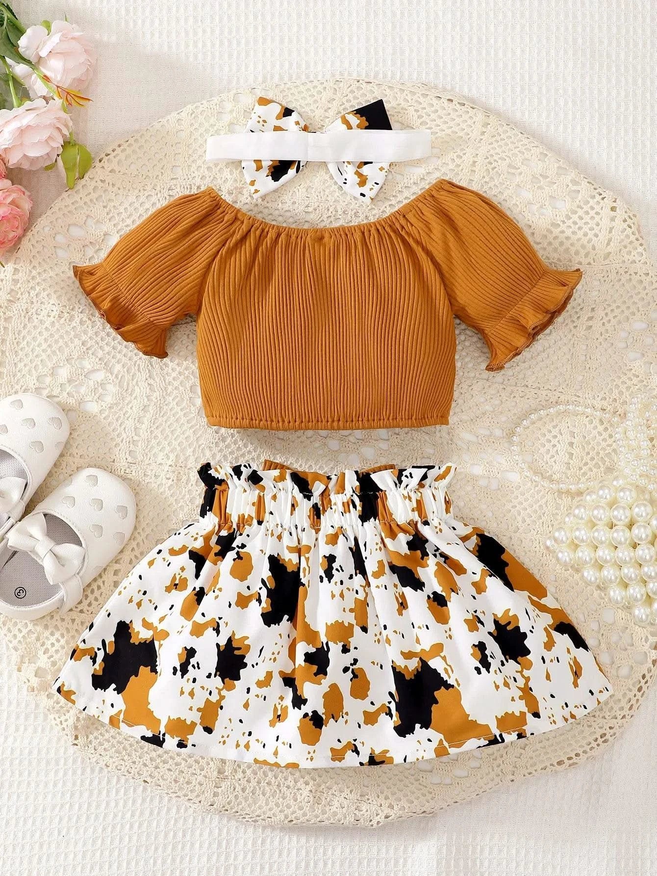 Baby Girl Summer Two-Piece Set Cute Casual one Shoulder Buckle Bow Short Skirt Set Headband Two-Piece Set - M & M Global