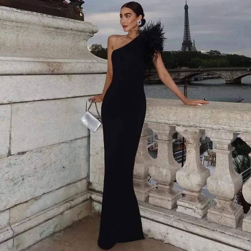 Dulzura Black Sleeveless One Shoulder Maxi Dress For Women Bodycon Sexy Party Elegant Long Dress Birthday Evening Outfit - M & M Global