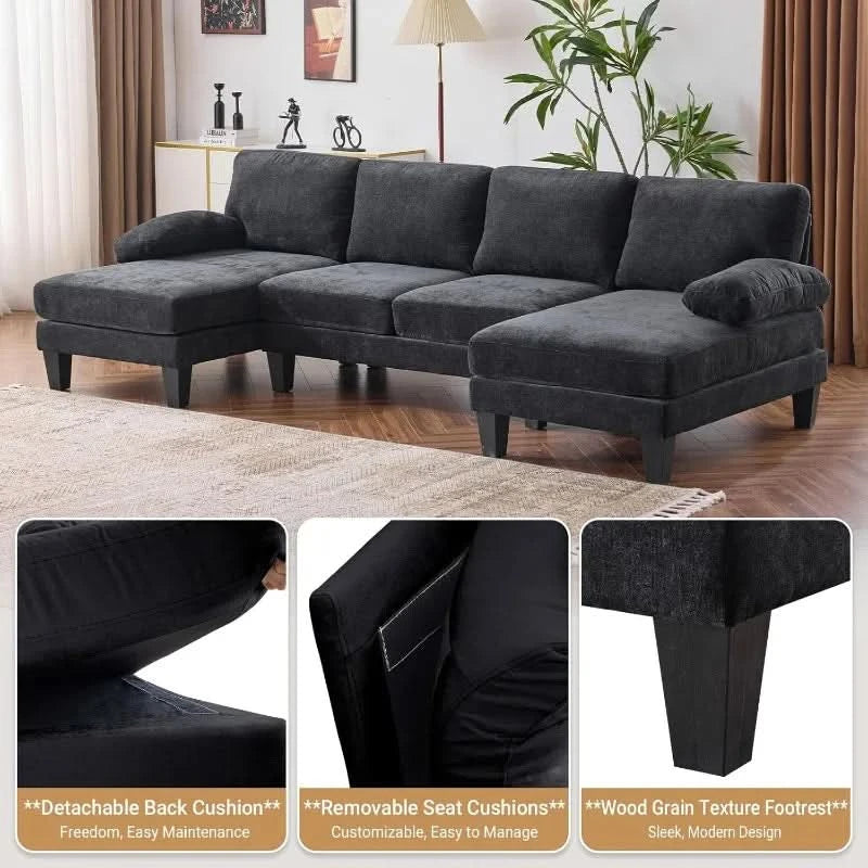 110" Sectional Couches for Living Room,U Shaped Couch with Double Chaise, 4-Seat Sofa Set with Chenille Fabric for Home F