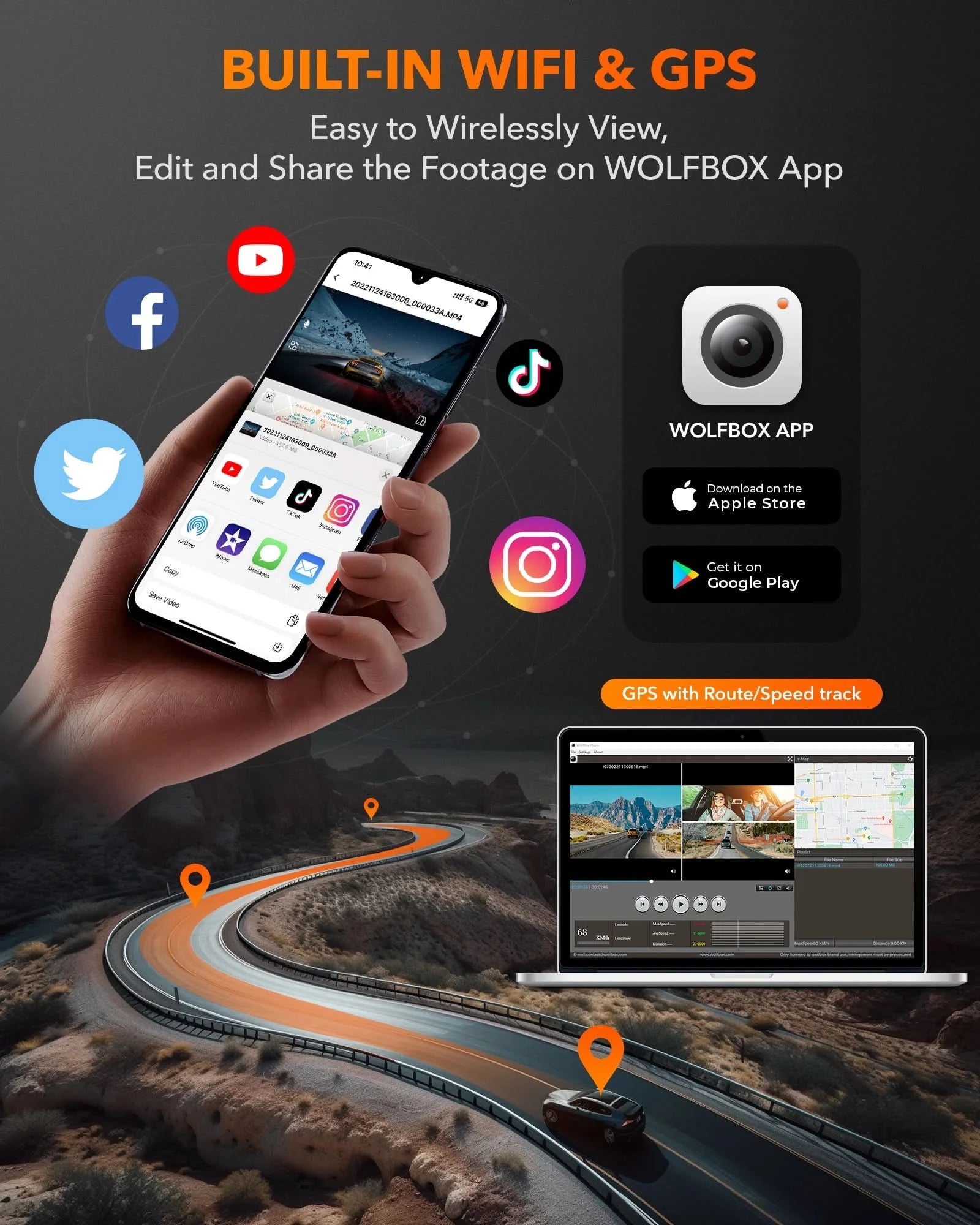 WOLFBOX I07 Dash  Cam 3 Channel Dash Camera for Car Front and Rear 4K Dash Camera with GPS WiFi Car Dvr for 170 FOV WDR - M & M Global