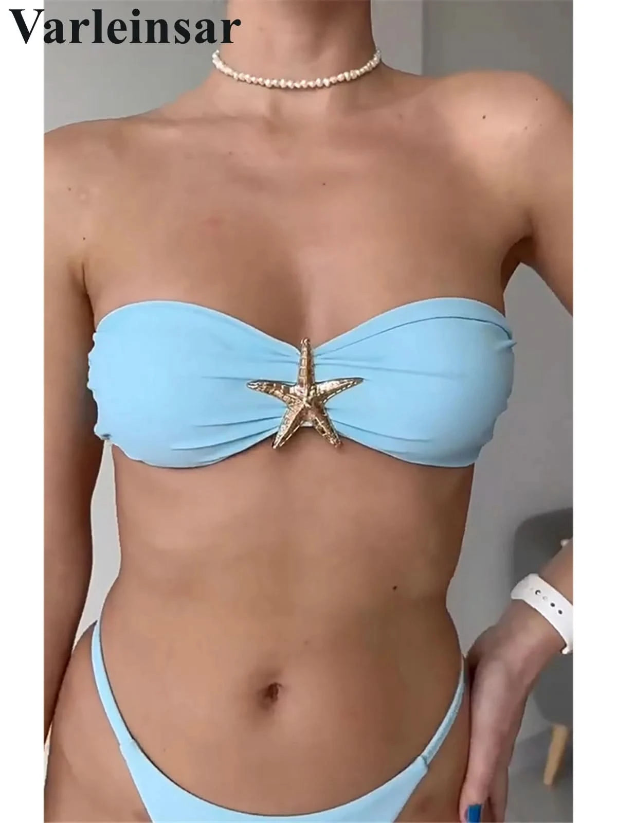 New Metal Star Bandeau High Cut Thong Bikini Women Swimwear Female Swimsuit Two-pieces Bikini set Bather Bathing Suit Swim V6422 - M & M Global