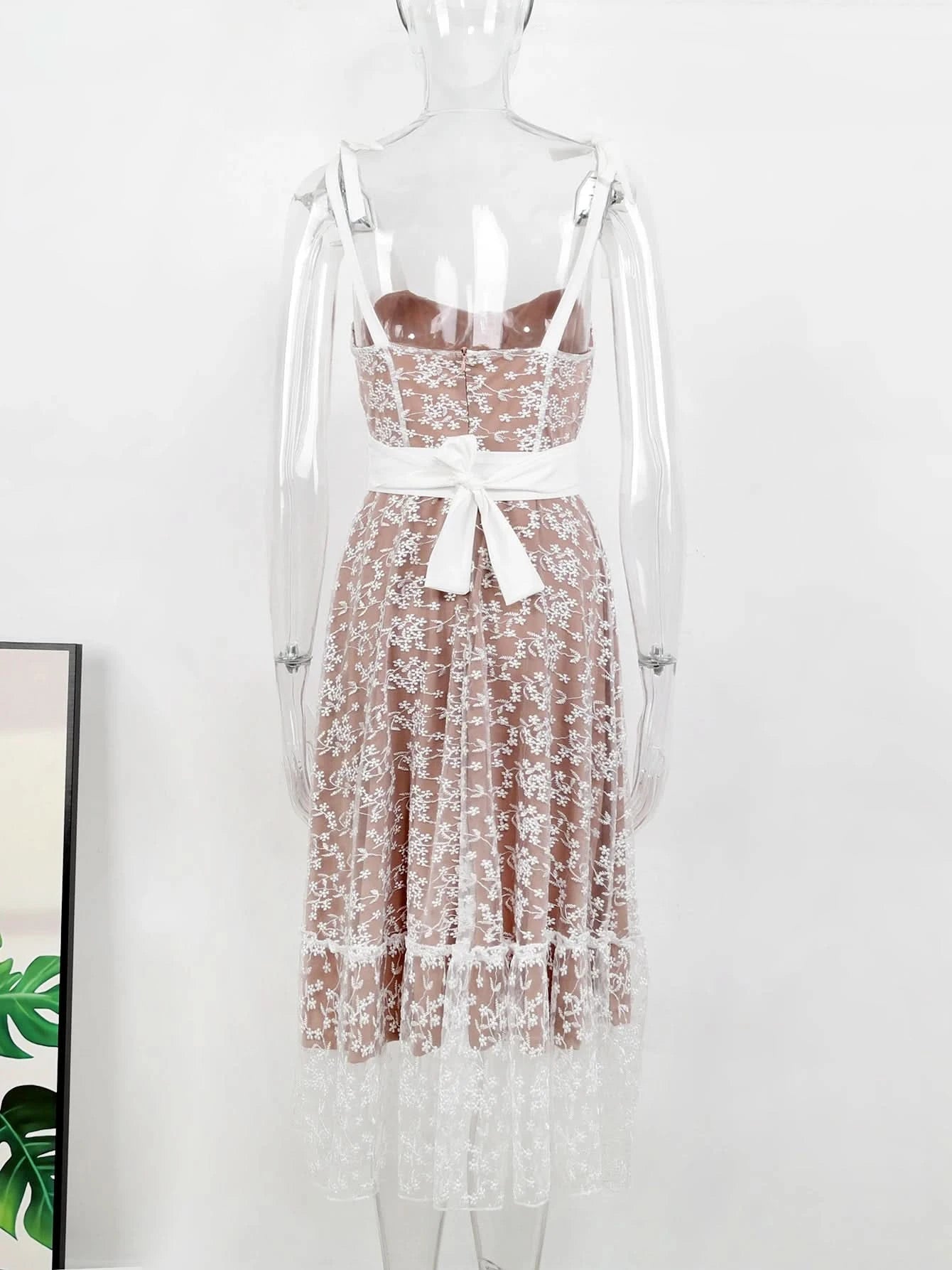 Sexy Lace Jacquard See Through Women Dress Sleeveless Tie Up Backless lace Long Dress Summer Party Ladies Bandage Party Dress - M & M Global