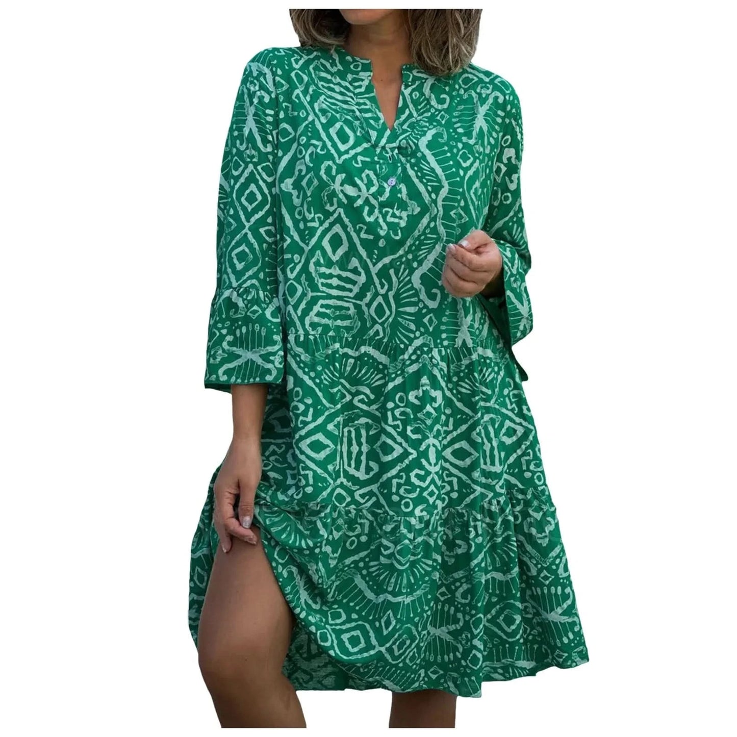 Women Floral Print Maxi Dress Fashion Casual V Neck Long Dress Plus Size Summer Boho Dress Ruffle Three Quarter Sleeves Dresses - M & M Global