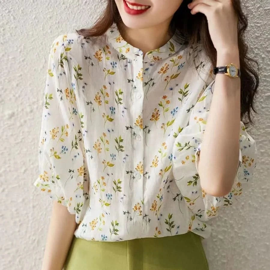 Women Summer Style Blouses Tops Lady Casual Short Puff Sleeve Stand Collar Flower Printed Blusas Tops SP1496 - M & M Global