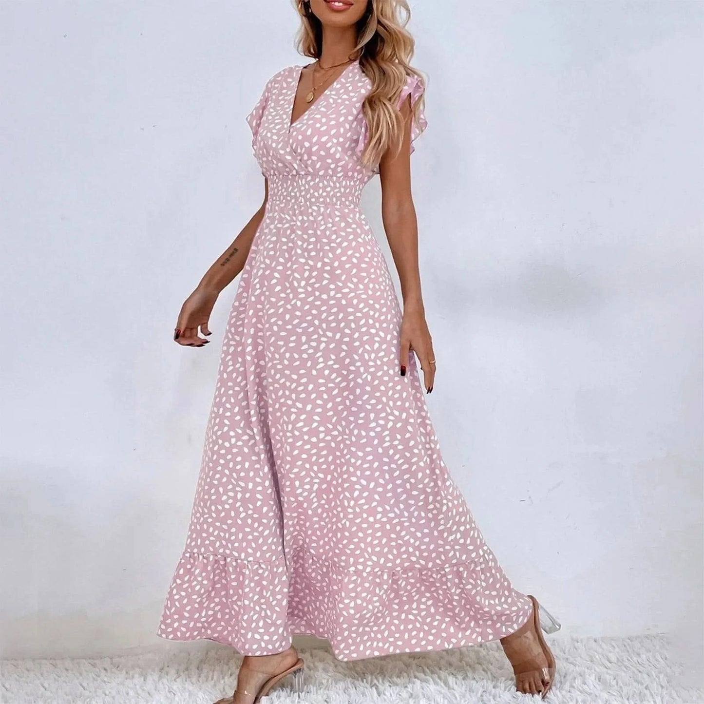 Polka Dot Dress For Women Sexy V-Neck Long Dress Casual And Fashionable Ruffle Edge Short Sleeved High Waisted Dress - M & M Global