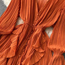 Purple/Brown/Red Chiffon Pleated Long Dress Women Vintage V-Neck Flare Sleeve Draped Ruffle Vestido Female Maxi Robe Spring Fall - M & M Global