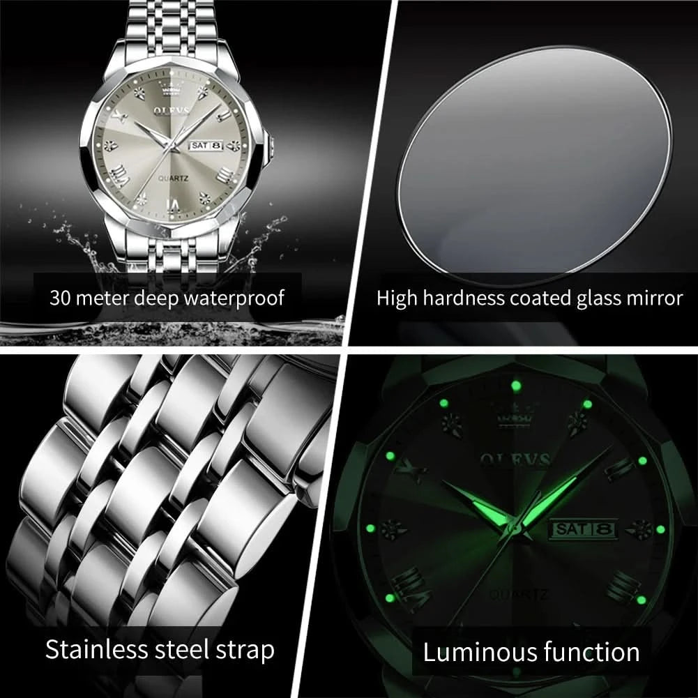OLEVS Men's Watches Causal Fashion Original Quartz Watch for Man Waterproof Stainless Steel Luminous Date Week Trend Dress Reloj - M & M Global