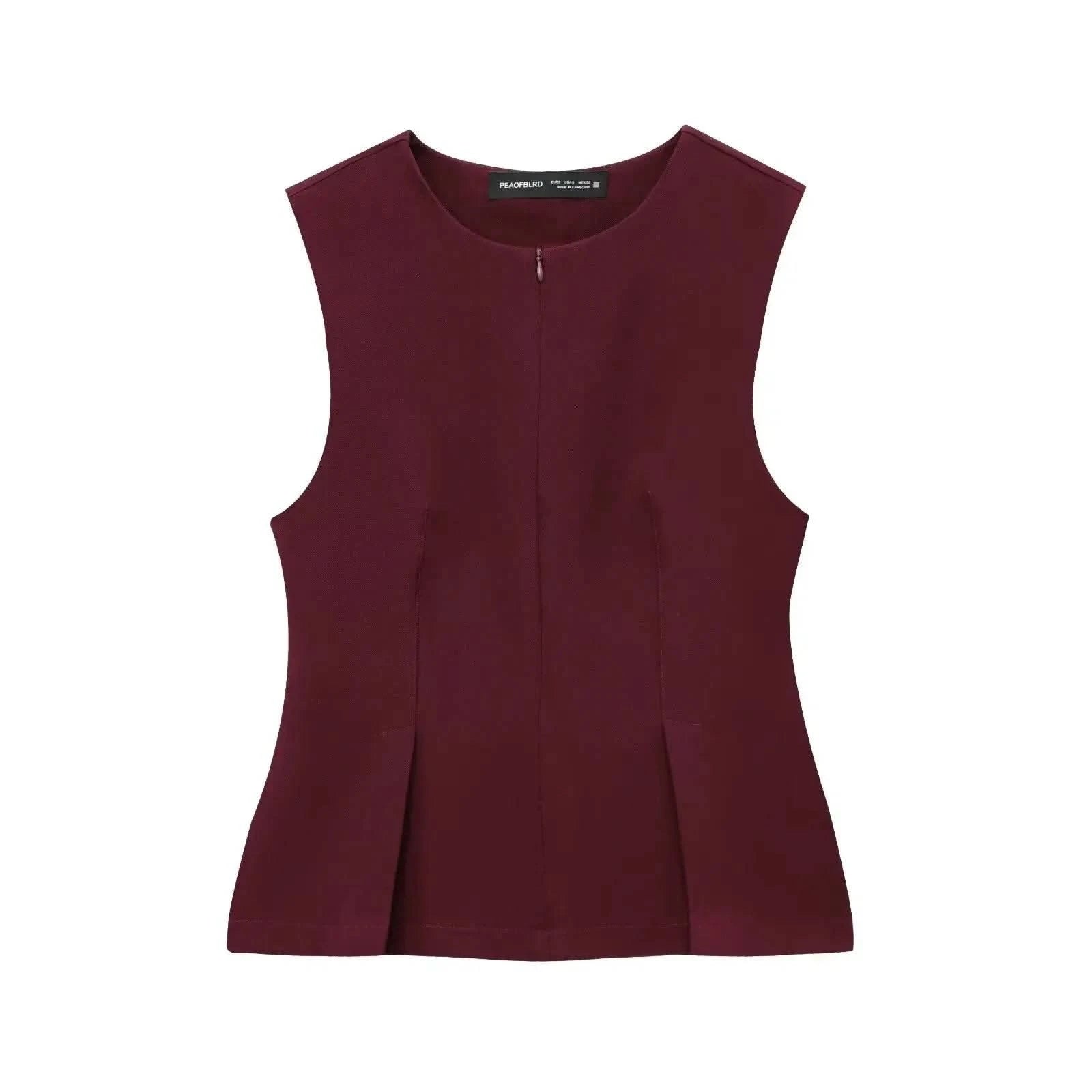2025 Summer Women Solid Zipper Vintage Causal Sleeveless O Neck Tank TShirt Fashion Slim Pleated Vest High Street Folds Top - M & M Global
