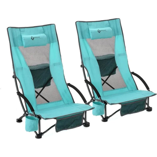 2-Pack Low Seating + 20° Reclining Folding Beach Chair w/Padded Headrest, Foam Armrest, Cup Holder, Carry Bag, 300 LBS Weight C