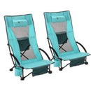 2-Pack Low Seating + 20° Reclining Folding Beach Chair w/Padded Headrest, Foam Armrest, Cup Holder, Carry Bag, 300 LBS Weight C