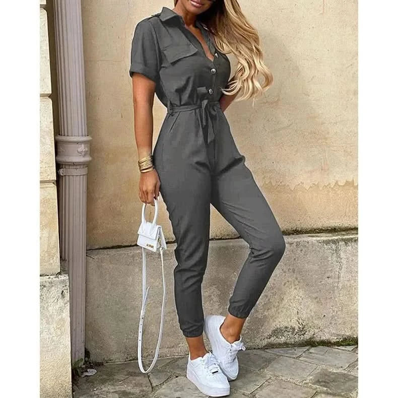 Women's Monochromatic Belt Workwear Jumpsuit, Casual Pants, Flip Collar, Buckle, European and American, Summer, 2024 - M & M Global