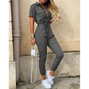 Women's Monochromatic Belt Workwear Jumpsuit, Casual Pants, Flip Collar, Buckle, European and American, Summer, 2024 - M & M Global