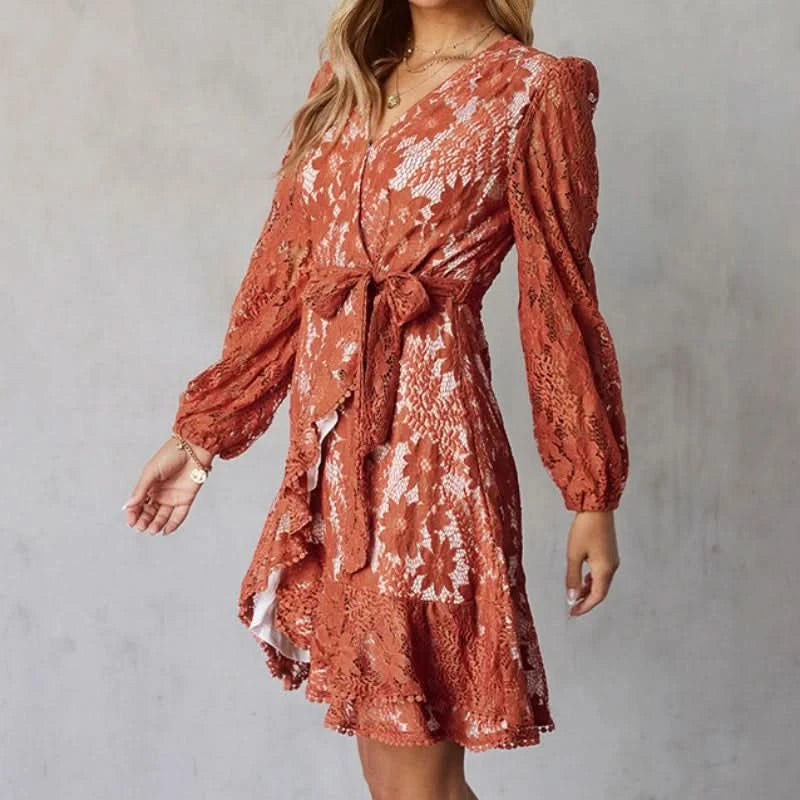 Gray/Orange Flutter Sleeve Wrap V Neck Floral Lace Short Dress for Women Summer Spring A Line Party Dress - M & M Global