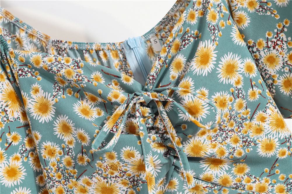 Women Mini Dresses Summer Fashion Female Vestidos Print Floral Chiffon Dresses Shirring Pleated Short Puffy Sleeve Casual Dress - M & M Global