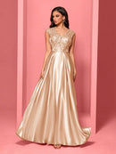 New Luxury Gold Satin V-Neck Sequins Embroidery Formal Evening Dresses Women Long Elegant Wedding Party A-line Cocktail Gowns