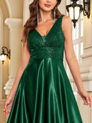 Elegant Sequins Evening Dress For Women 2024 Deep V-neck Satin Prom Party Green Dress Floor Length Blue Formal Gowns