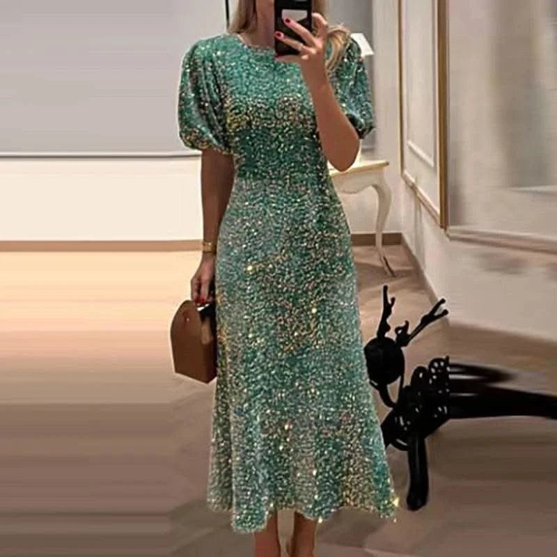 2024 New Lady Temperament Slim Banquet Dress Fashion Shiny Sequin Long Dress Casual O-neck Short Sleeved High Waist Dress Mujer - M & M Global
