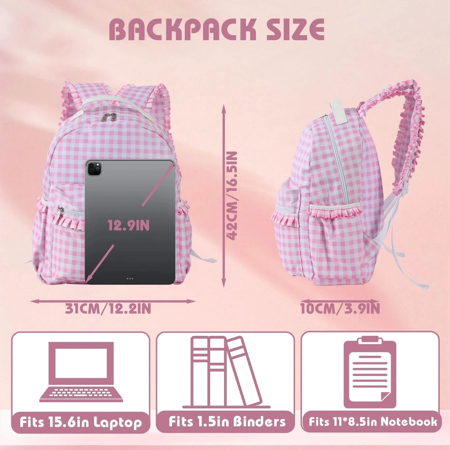 Ruffle Plaid Backpack Girl Pink/Blue Nylon For Women Outdoor Travel Weekend Book Schoolbags Back To School Gifts For Kids - M & M Global