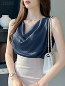 ZANZEA Fashion Cowl Neck Sleeveless Tank Tops Women Korean Style Elegant Satin Silk Solid Color Tanks Office Lady Sexy Camisole