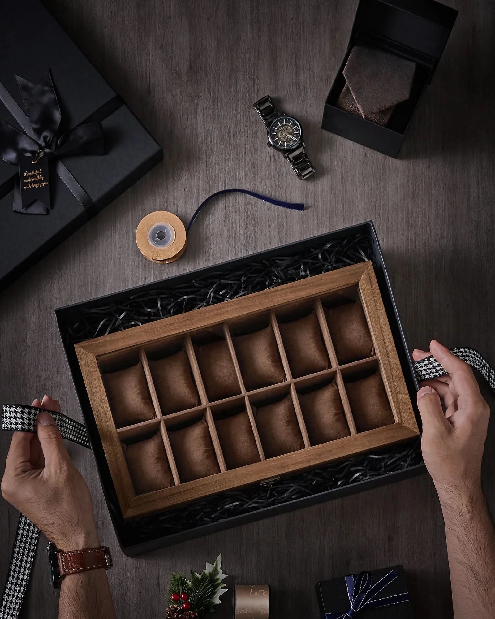 SONGMICS Watch Box, 12-Slot Watch Case, Solid Wood Watch Box Organizer with Glass Lid, Watch Display Case with Removable Pillows - M & M Global