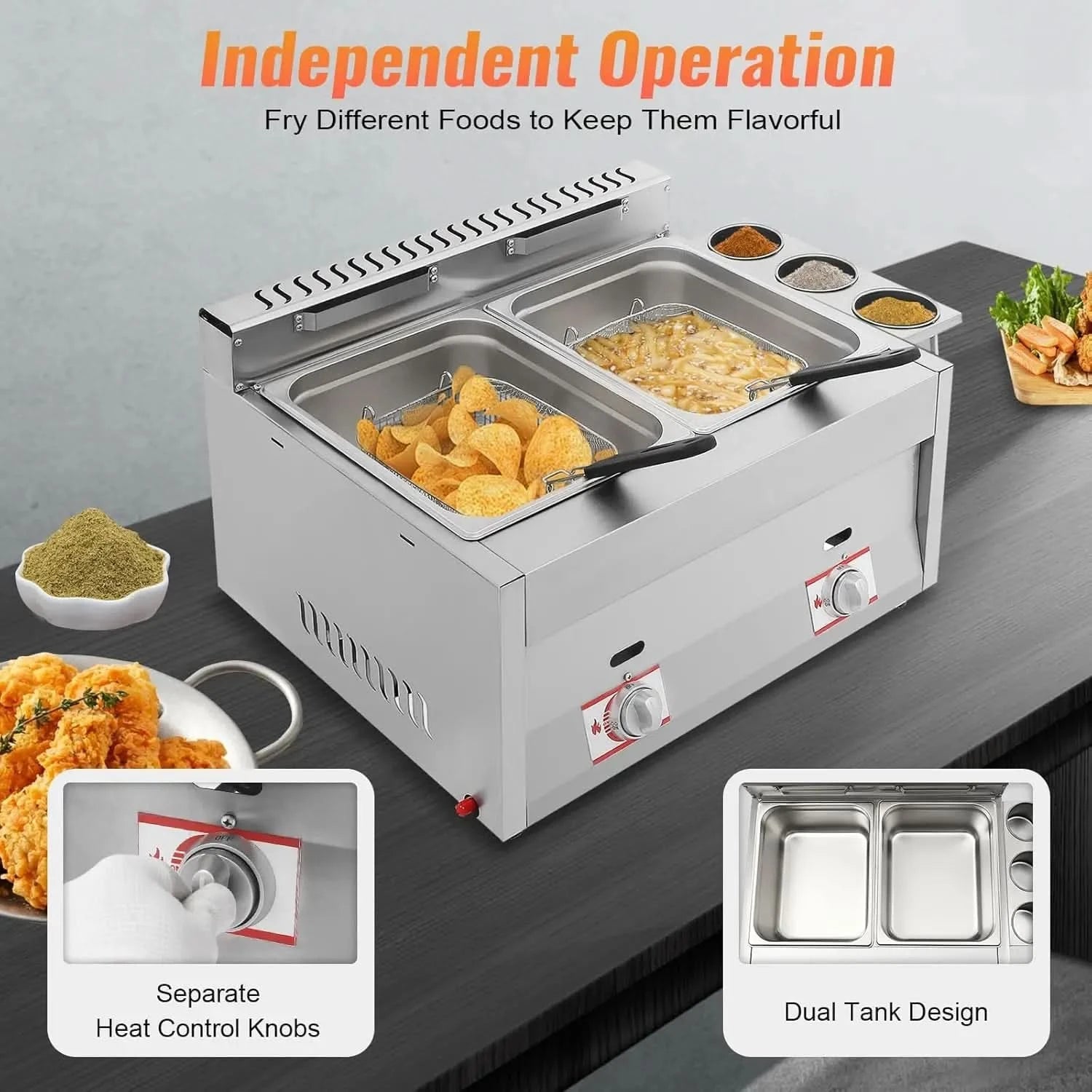 Commercial Gas Deep Fryer, 12L Stainless Steel Countertop Oil Fryer Dual Tank Kitchen Fat Fryer with Removable Baskets & Seasoni - M & M Global
