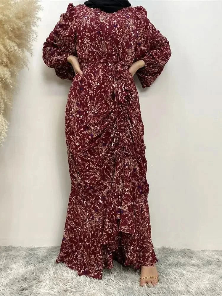 Muslim Women's dress Casual print bark crepe long dress Zipper collar long sleeves loose Muslim maxi dress - M & M Global