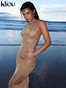 kliou Shiny Long Dress Stunning Women Solid Summer Thin Mesh Sheer Backless Sleeveless Bodycon Female Elegant Fashion Vestidos - M & M Global