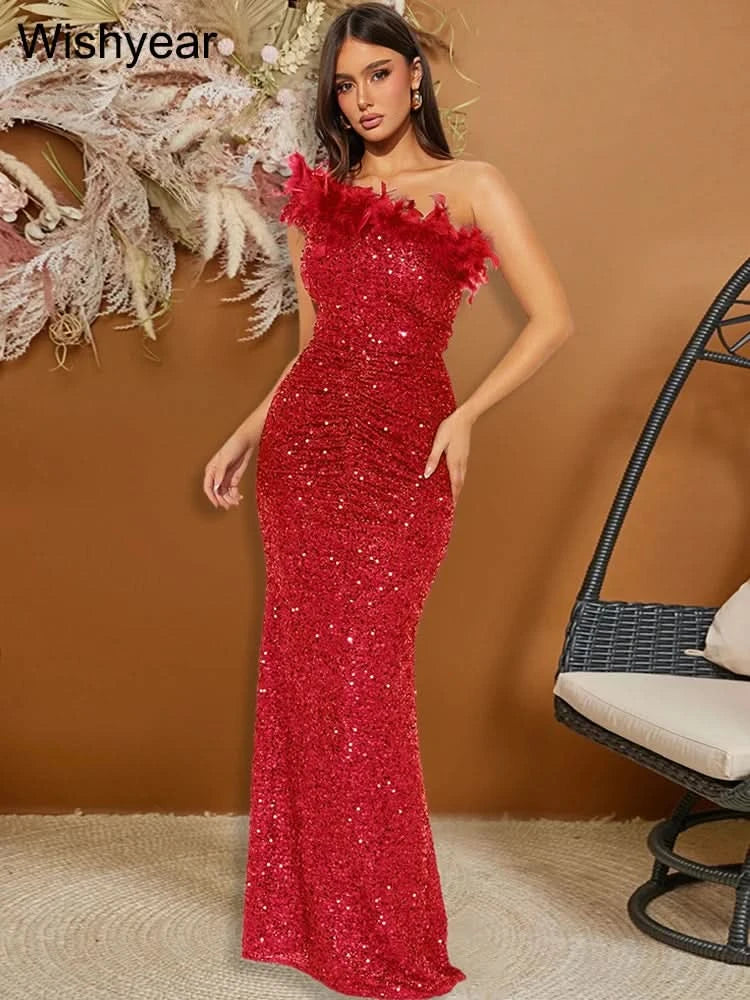 New Luxury Sequined Feather One Shoulder Sleeveless Slanted Collar Backless Purple Long Dress  Women Birthday Party Event Gowns - M & M Global
