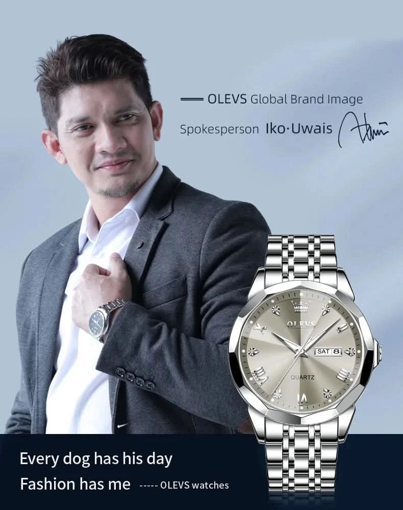 OLEVS Men's Watches Causal Fashion Original Quartz Watch for Man Waterproof Stainless Steel Luminous Date Week Trend Dress Reloj - M & M Global