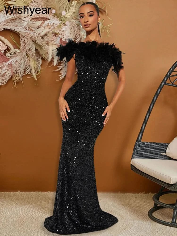 New Luxury Sequined Feather One Shoulder Sleeveless Slanted Collar Backless Purple Long Dress  Women Birthday Party Event Gowns - M & M Global