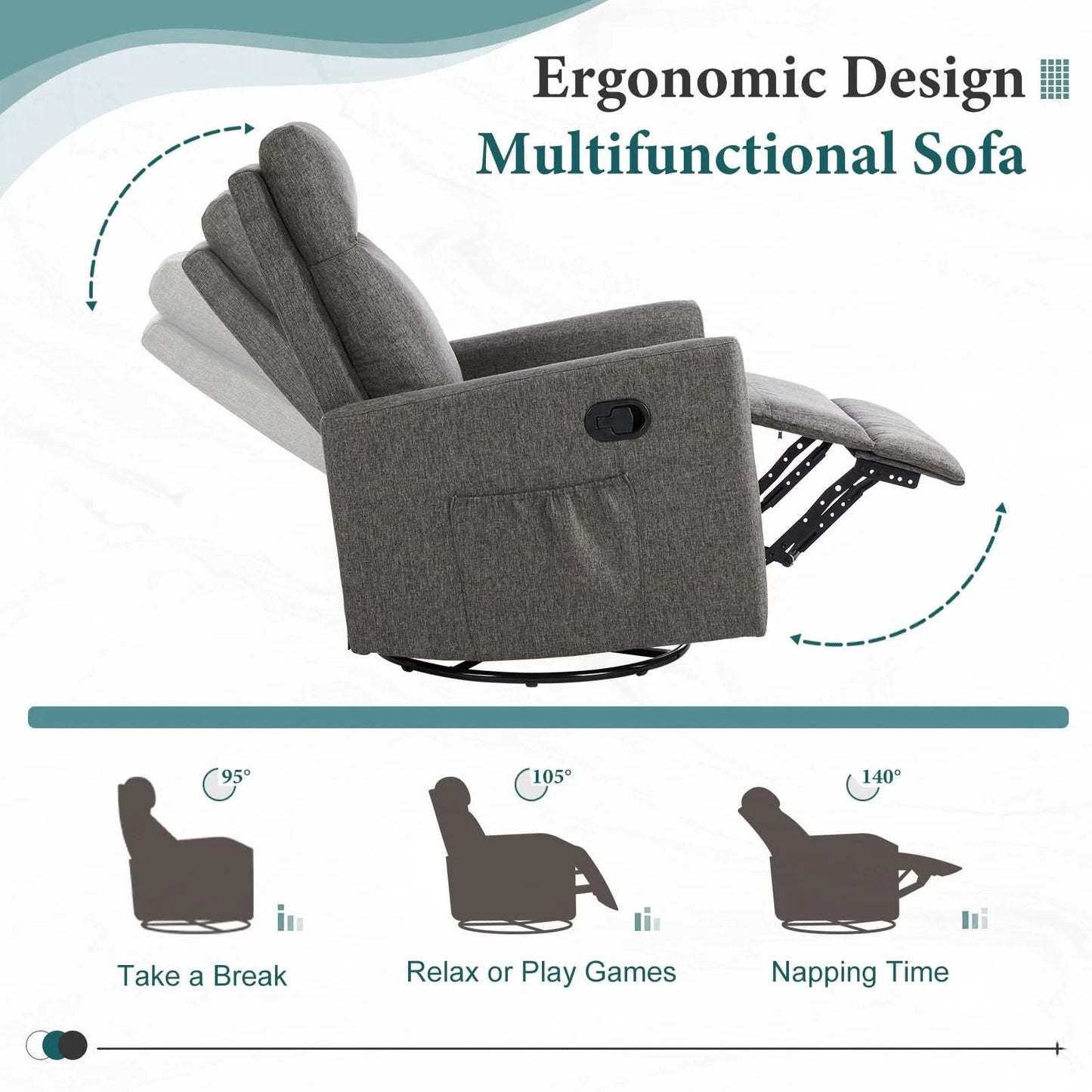 JHK Rotating Living Room Sofa Recliner With Oversized Foot Swivel Rocking Rocker Recliner Glider Nursery Sofas for BedRoom