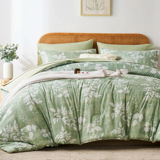 7-piece leaf pattern printed Comforter Set, 100% microfiber soft and durable Skin-friendly breathable super soft bedding set