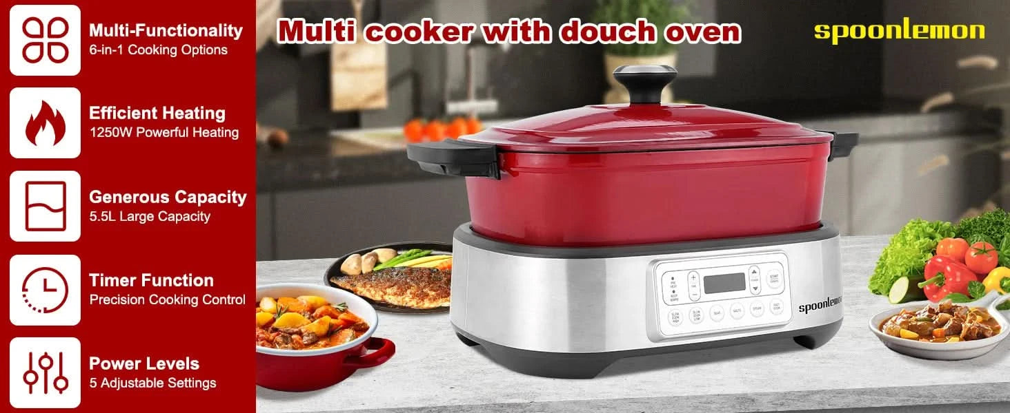 Electric Dutch Oven Multi-Cooker, 5.8QT Enameled Cast Iron Pot - 1250W Fast Heating, 6 Preset Functions, Digital Display & Keep - M & M Global