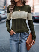 Color-block patchwork crewneck T-shirt, elegant long-sleeved T-shirt for spring and autumn, women's