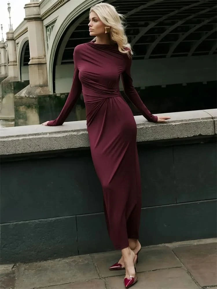 Tossy Fashion Autumn Pleated Long Dress Female High Waist Slim Bandage Solid Elegant Commute Clothes Ladies Y2k Maxi Dress 2024 - M & M Global