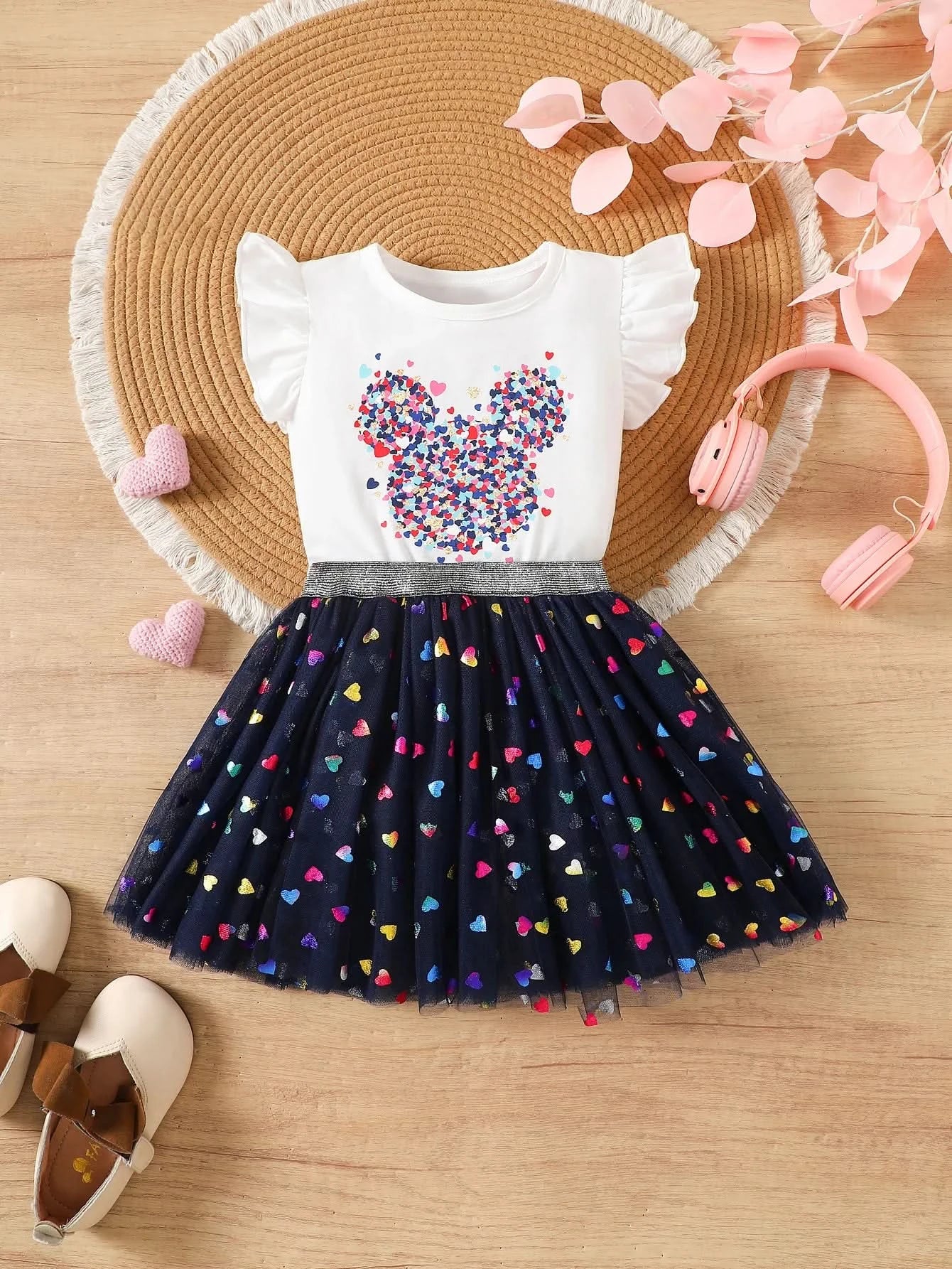 Summer toddler Girls' Clothing Sets Heart Print Short-Sleeved Tops Colorful hearts Tutu Skirt 2Pcs Outfits Valentine's Day Gift - M & M Global