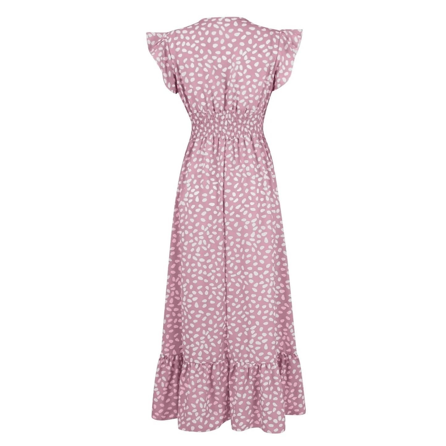 Polka Dot Dress For Women Sexy V-Neck Long Dress Casual And Fashionable Ruffle Edge Short Sleeved High Waisted Dress - M & M Global