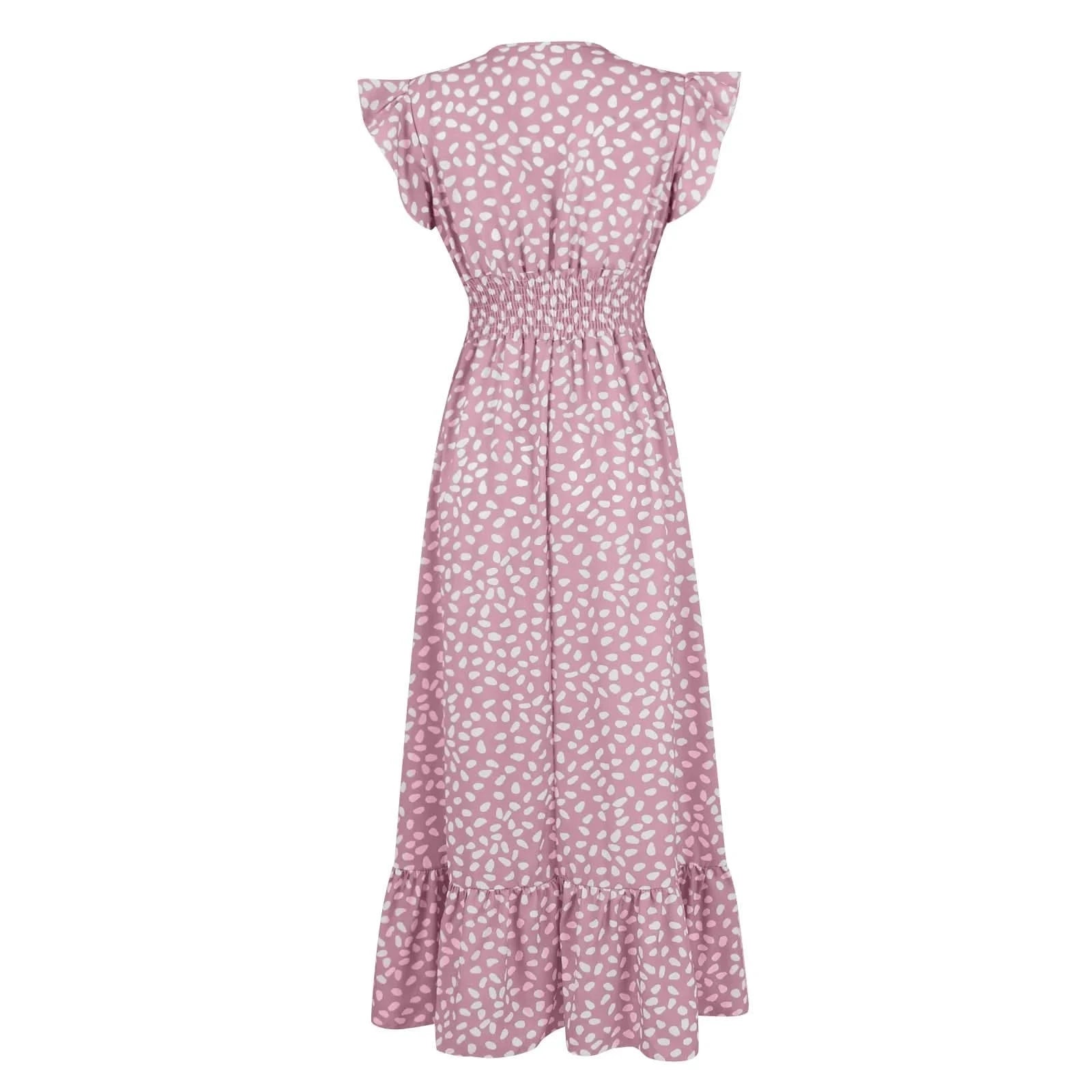 Polka Dot Dress For Women Sexy V-Neck Long Dress Casual And Fashionable Ruffle Edge Short Sleeved High Waisted Dress - M & M Global