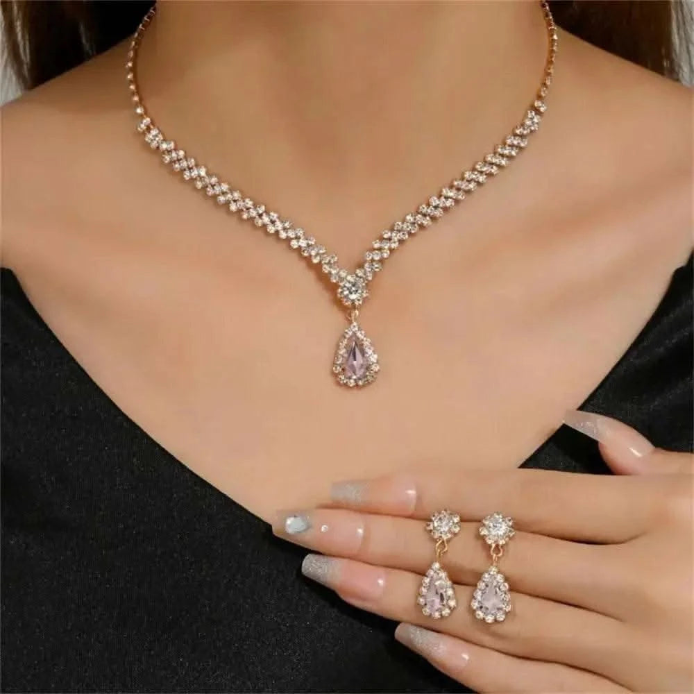 2pcs/set Jewelry Sets Women Elegant Waterdrop Rhinestone Pendant Necklace stud Earrings Wedding Dress Bridal Jewelry Set - M & M Global