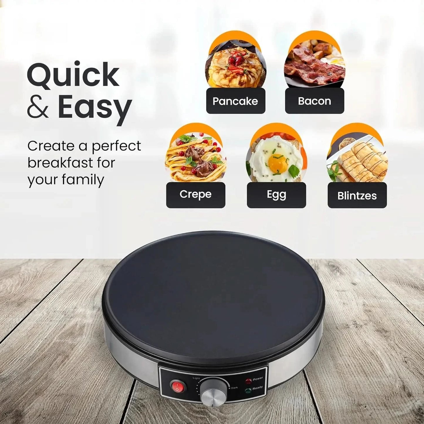 Electric Crepe Maker, Nonstick Multi-Function Tortilla Machine, Ideal for Crepes, Pancakes & Roti, Wooden Spatula & Batter Sprea - M & M Global