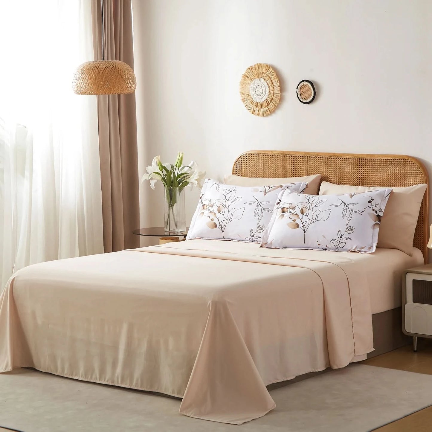 7Pcs solid color botanical pattern quilt set, microfiber soft and durable bedding set bedroom decoration gift