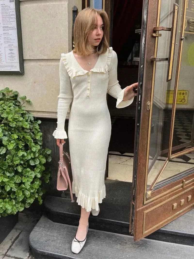 TARUXY High Waist Ruffled Maxi Dresses For Women Autumn Winter Knitted Slim Long Dress Women's Vintage Dress Woman Retro Elegant - M & M Global