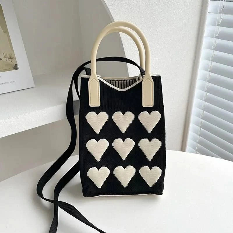 Korean Fashion Heart Knitted Mini Square Handbag for Women Small Mobile Phone Shoulder Bags Girls Cute Outdoor Crossbody Bags - M & M Global