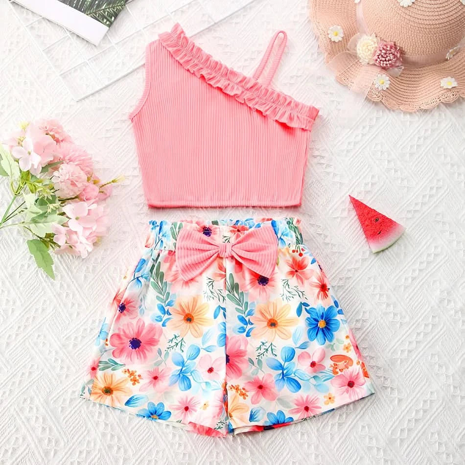 Girls Children Fashion Suit One Shoulder Top & Shorts Printed Floral Girl Summer Suspender Set Birthday Gift Fashion Suits - M & M Global